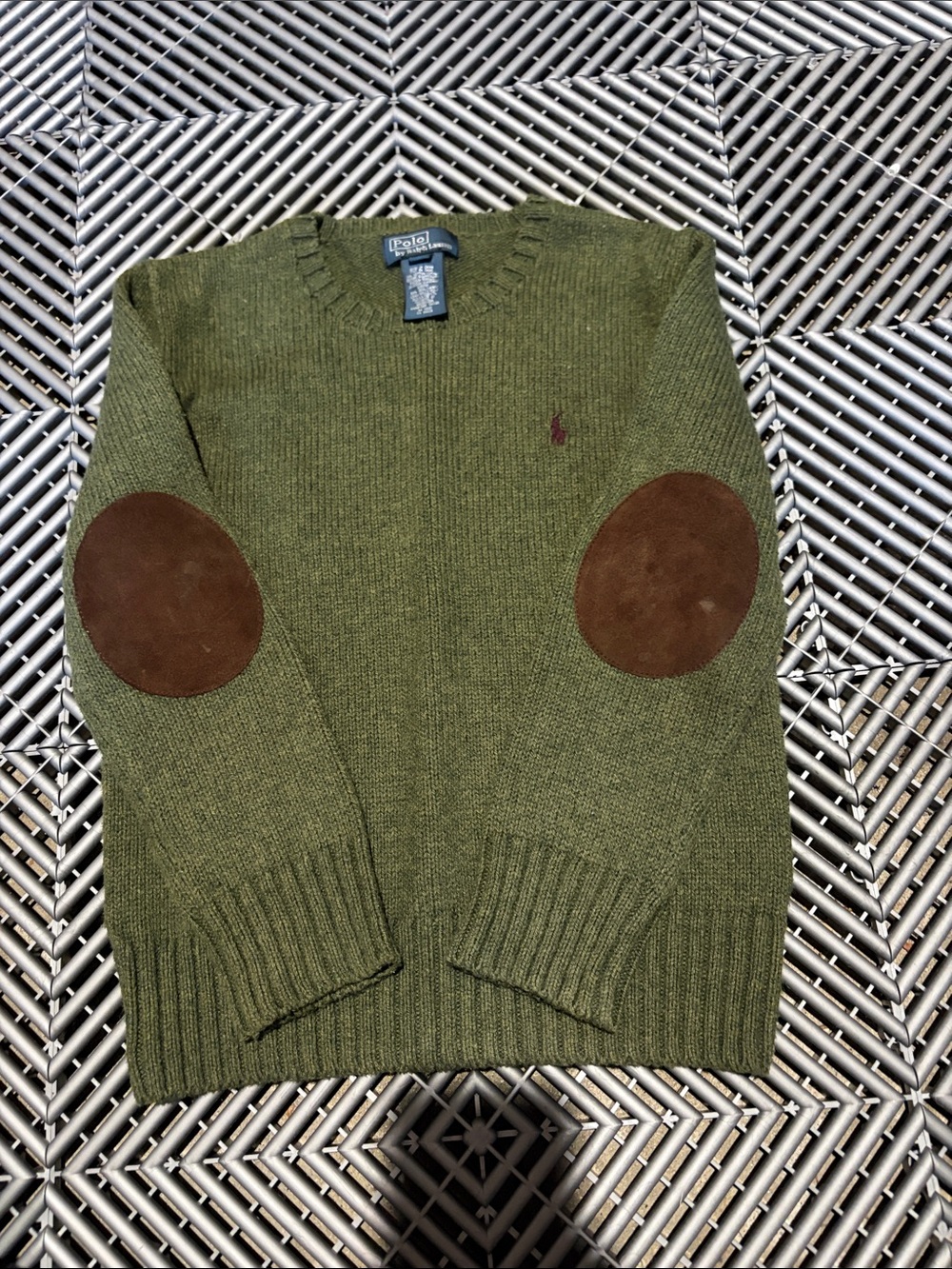 Polo by Ralph Lauren Olive Crewneck Sweater with Brown Elbow Patches